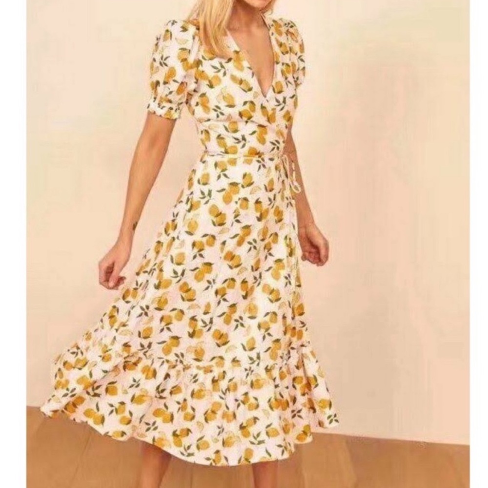 Reformation Veronika Midi Dress with Yellow Lemon Print